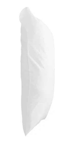 Side view of a white bed pillow on white background