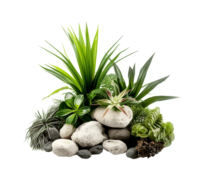 Arrangement of indoor plants and decorative rocks on white background