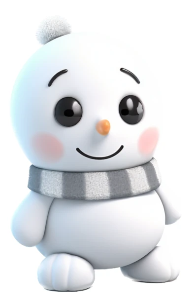 Cute 3D cartoon snowman character with a grey scarf