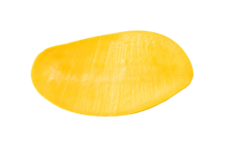 Single slice of ripe yellow mango isolated on white background