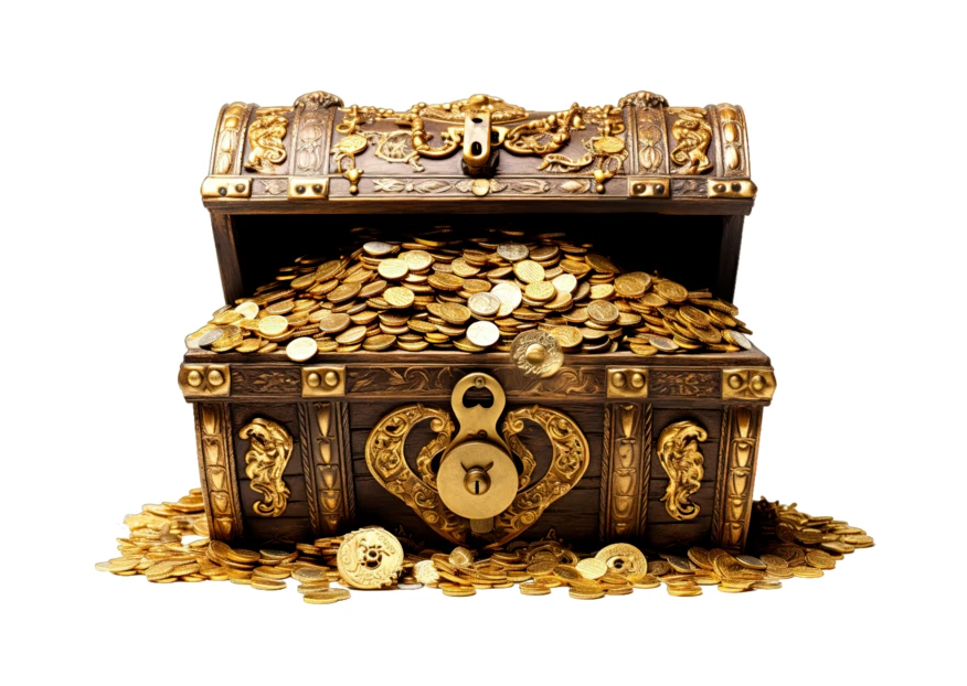 Ornate wooden treasure chest overflowing with gold coins