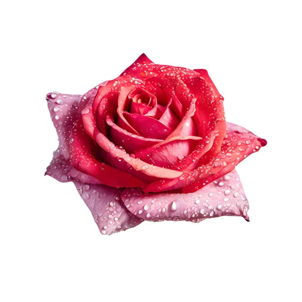 Vibrant pink rose with dew drops on white background