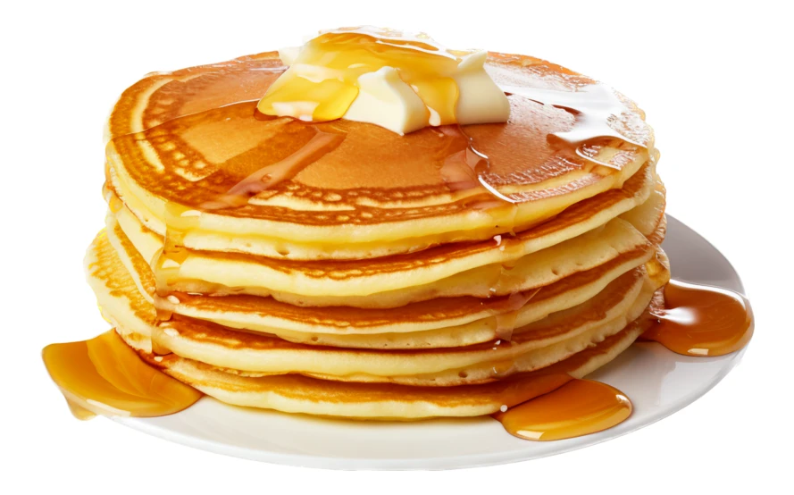 Stack of pancakes with butter and syrup on white background