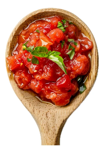 Tomato salsa with fresh basil in a wooden spoon
