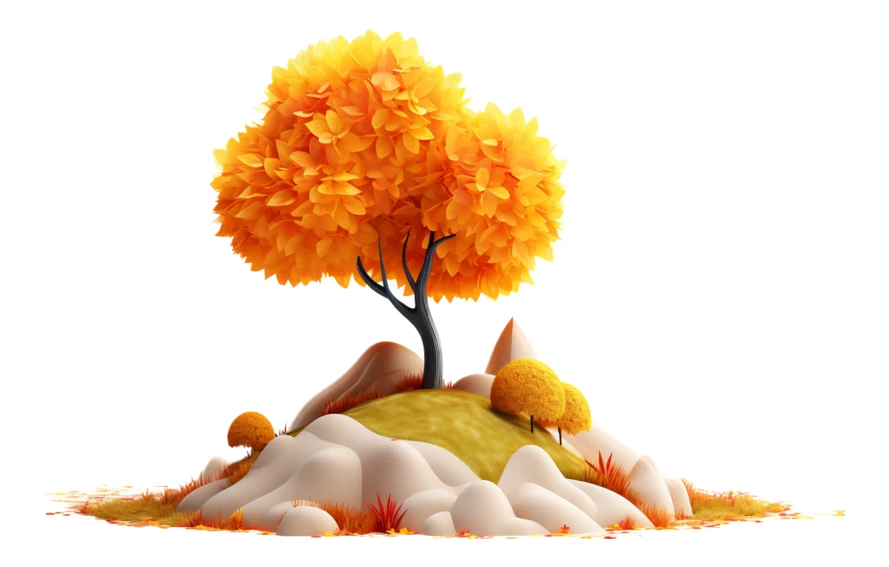 Stylized 3D golden autumn tree on a rocky hill
