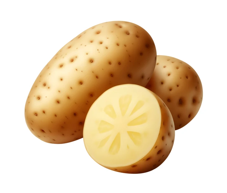 Whole and sliced raw potatoes isolated on white background