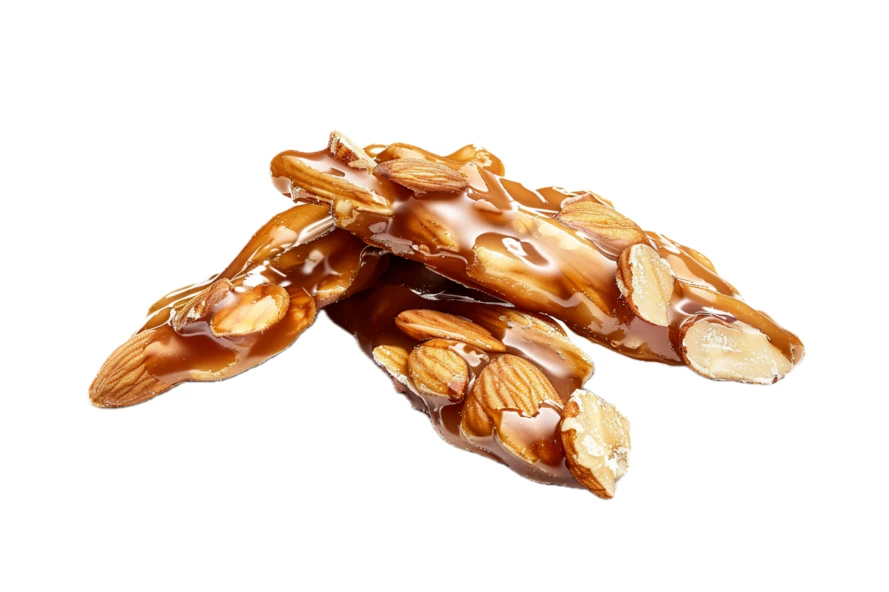 Caramelized almond brittle pieces isolated on white background
