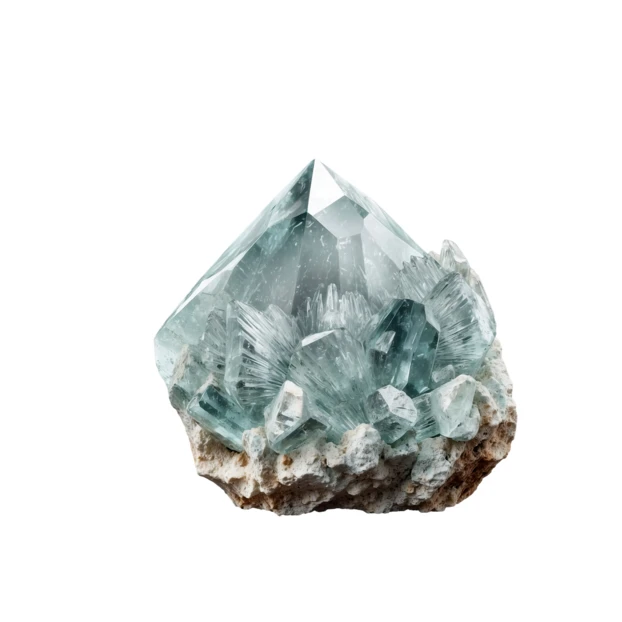 Translucent green crystal cluster isolated on white background