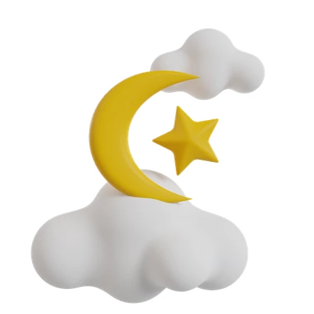 Crescent Moon and Star Floating on Clouds 3D