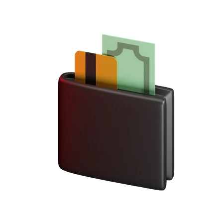 3D icon of a black wallet with money and card