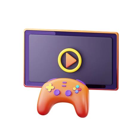 3D orange gamepad and monitor screen with play button icon