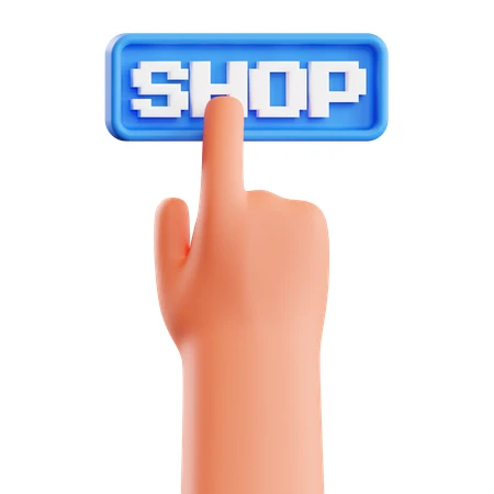 3D cartoon hand clicking a blue shop button