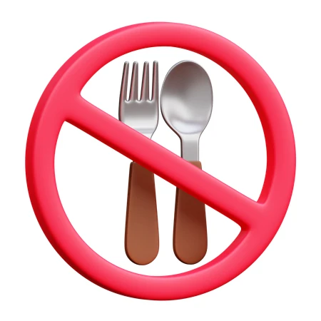3D red prohibition sign over fork and spoon isolated