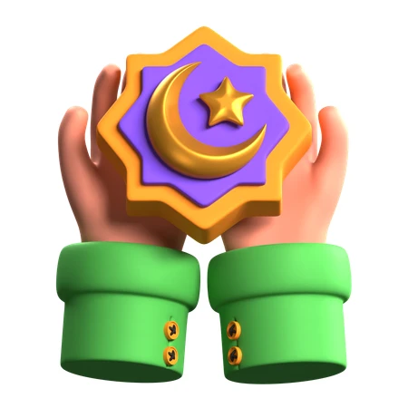 3D hands holding Islamic crescent moon and star symbol