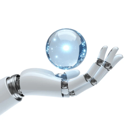 Robotic hand holding a glowing crystal ball on white background