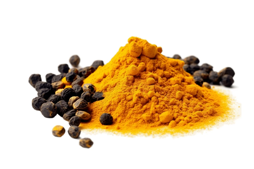 Turmeric powder and black peppercorns isolated on white background