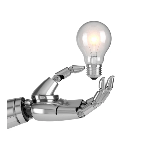 Robotic hand holding a glowing light bulb on white background