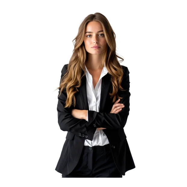 Young professional businesswoman in black suit with arms crossed