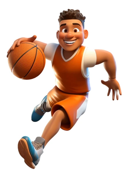 3D cartoon basketball player dribbling on a white background