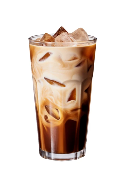 Iced coffee with milk swirls isolated on white background