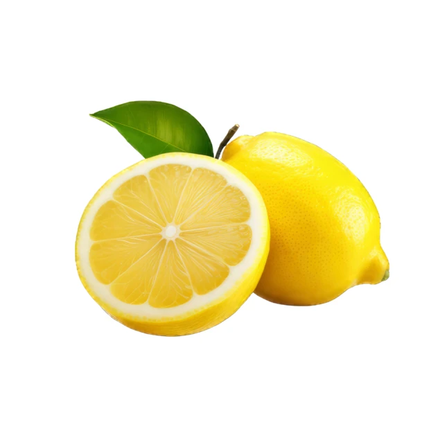 Fresh lemon fruit with half slice and green leaf