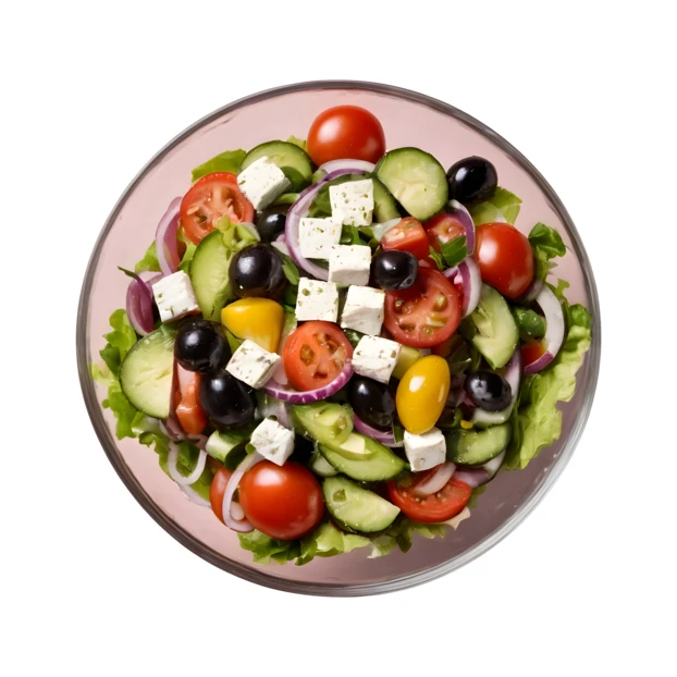 Top view of fresh Greek salad in a glass bowl