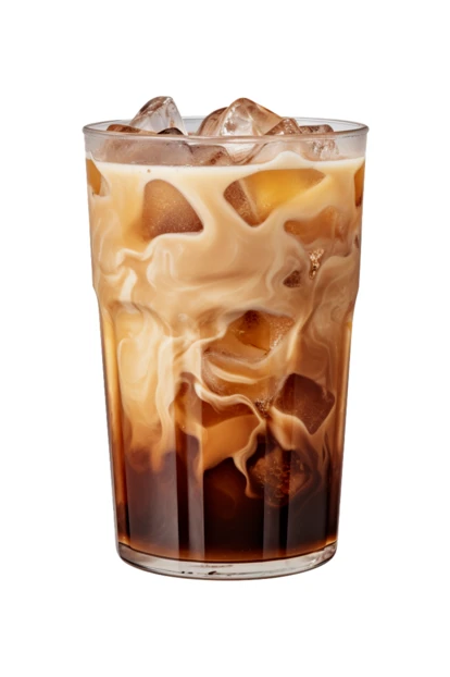Iced coffee with milk swirls isolated on white background