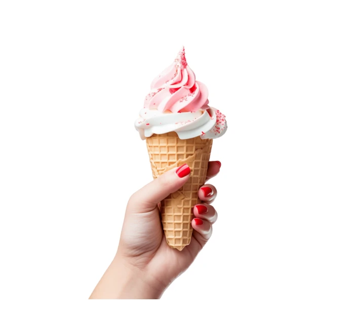 Hand holding a pink and white swirled soft serve cone