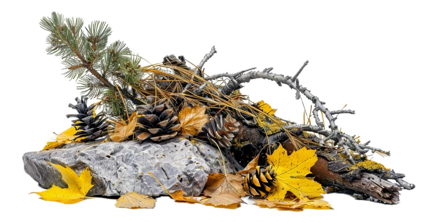 Autumn forest floor arrangement with pine cones and leaves