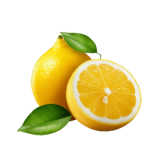 Whole and half lemon with green leaves isolated on white