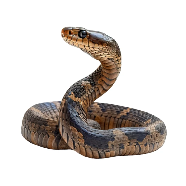 Coiled brown patterned snake isolated on white background