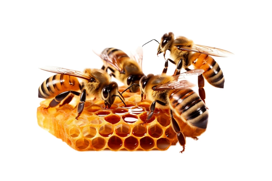 Honeybees on a fresh honeycomb isolated on white background
