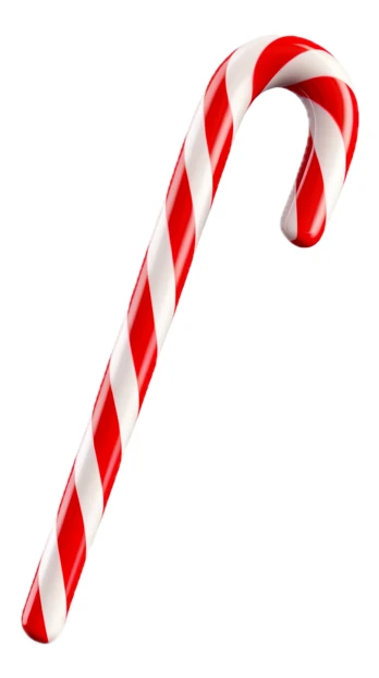 Traditional red and white striped candy cane on white background
