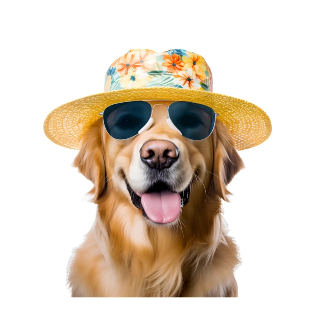 Golden retriever wearing sunglasses and a floral straw hat