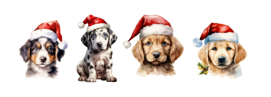 Watercolor set of cute Christmas puppies wearing Santa hats