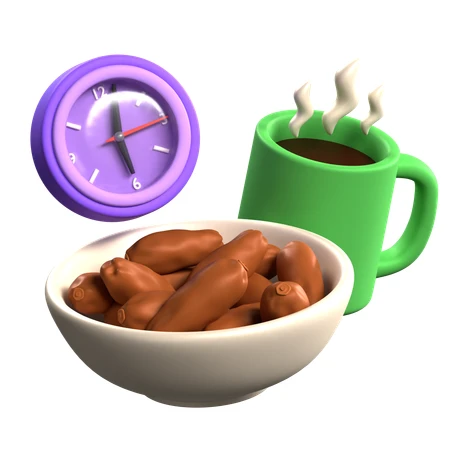 3D illustration of dates bowl, hot drink and clock