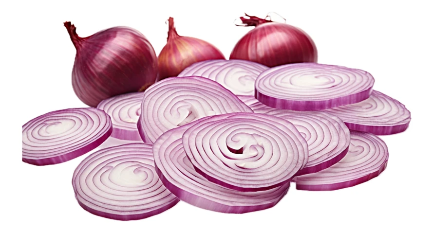 Whole and sliced red onions isolated on white background