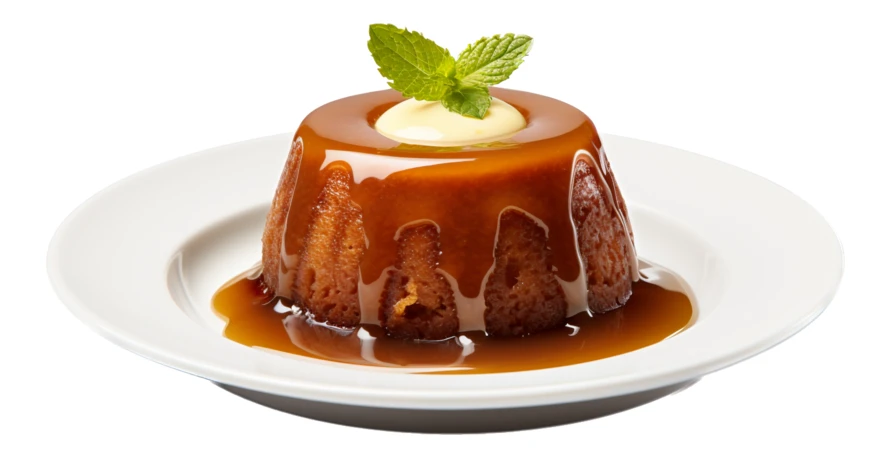 Sticky toffee pudding with caramel sauce and mint leaf