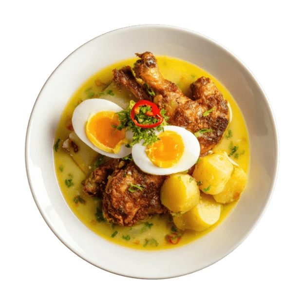 Indonesian chicken soup with boiled eggs and potatoes