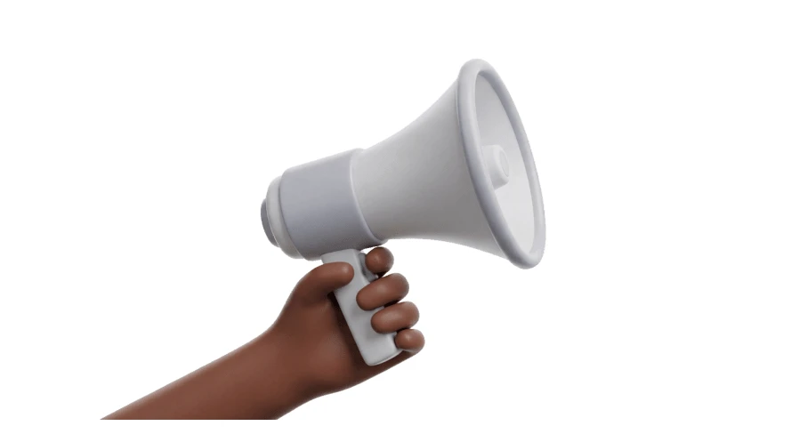 3D illustration of a hand holding a white megaphone