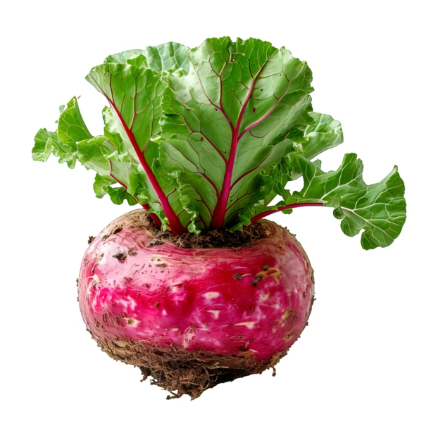 Fresh whole red turnip with green leaves isolated on white