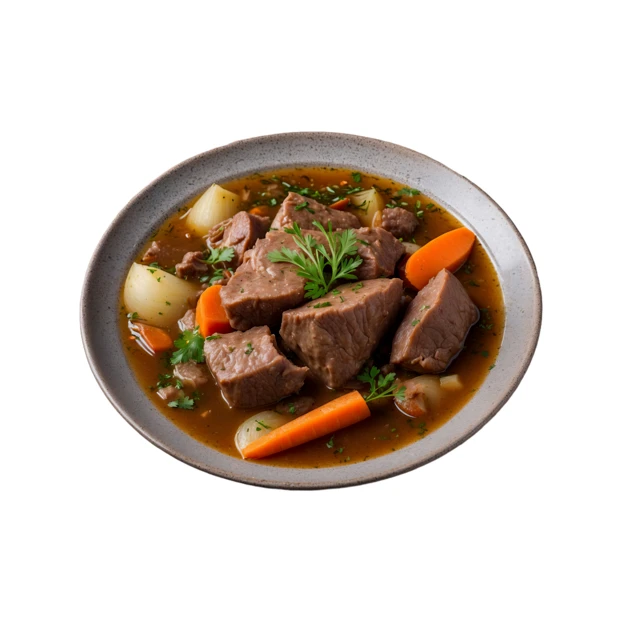 Hearty beef stew with carrots and potatoes in a bowl