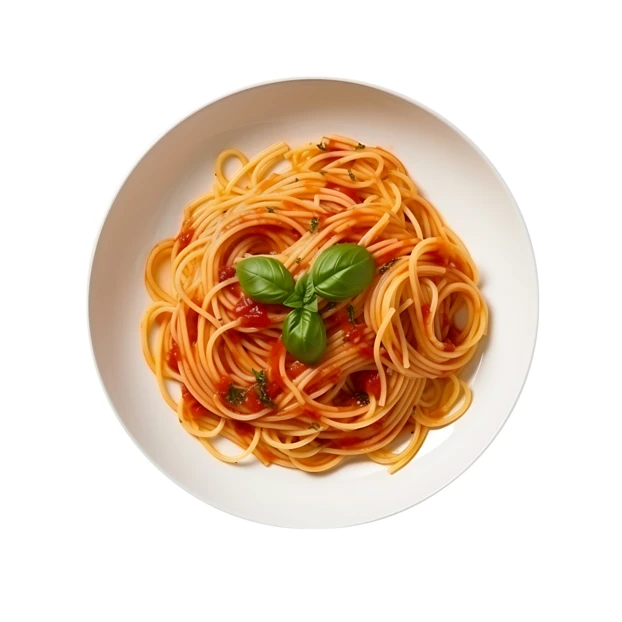 Top view of spaghetti with tomato sauce and fresh basil