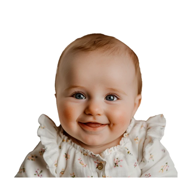 Smiling baby girl with blue eyes portrait on white background