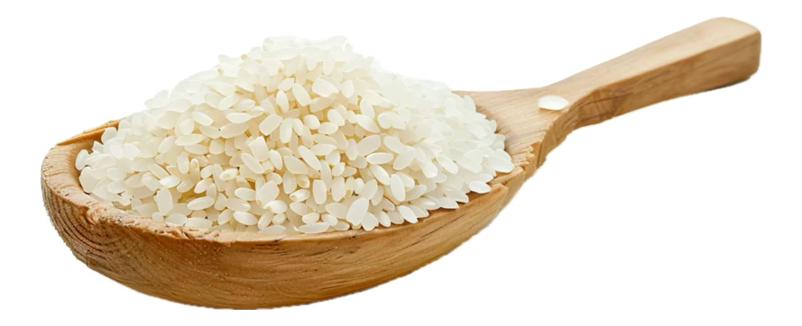Uncooked white rice in a wooden spoon isolated on white