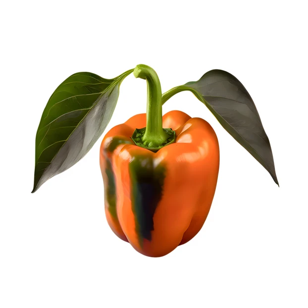 Fresh orange bell pepper with green leaves isolated on white