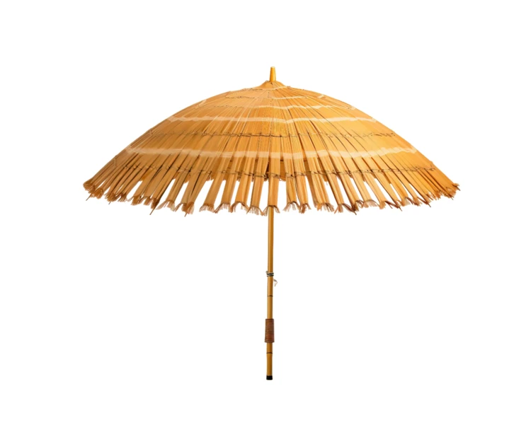 Yellow straw parasol isolated on white background