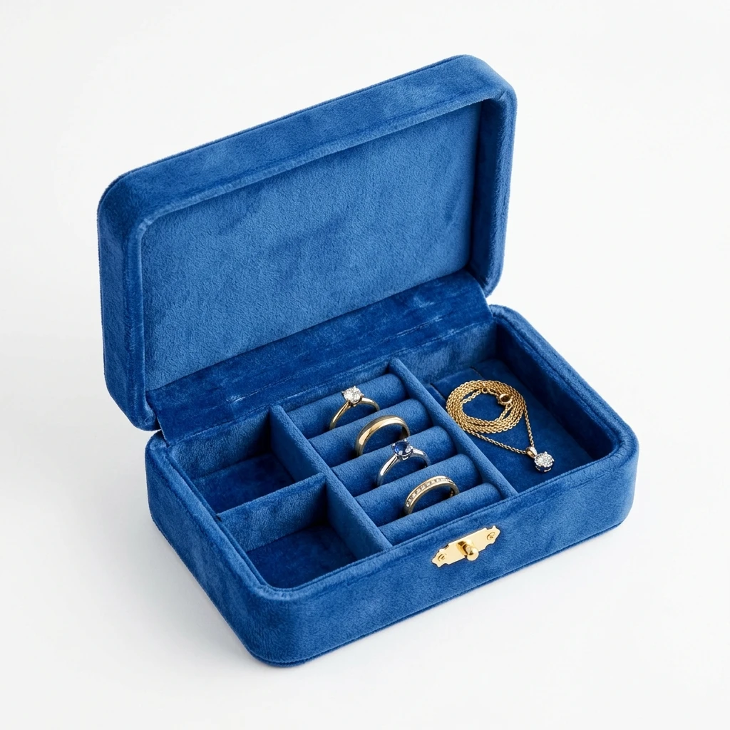 Open blue velvet jewelry box with rings and gold necklace