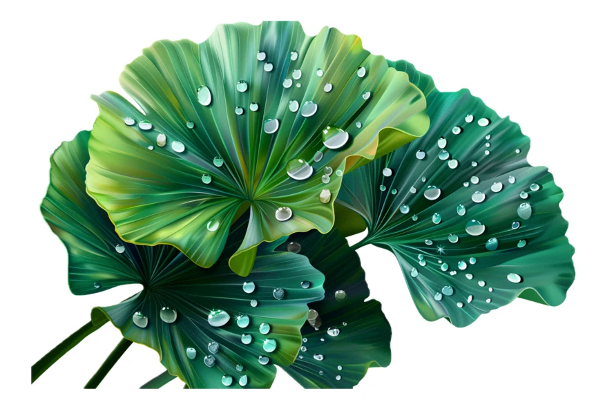 Green fan-shaped leaves with fresh water droplets on white background
