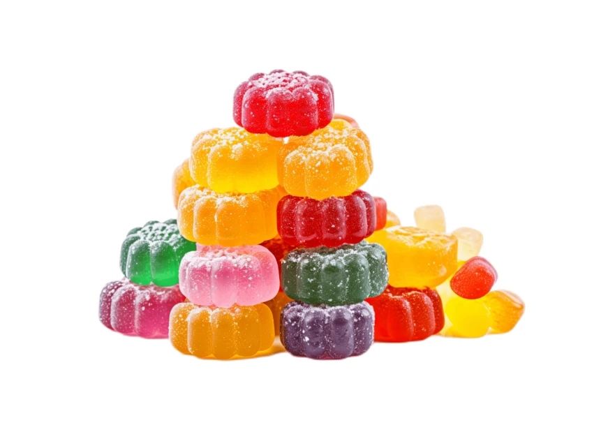 Stack of colorful flower shaped gummy candies on white background
